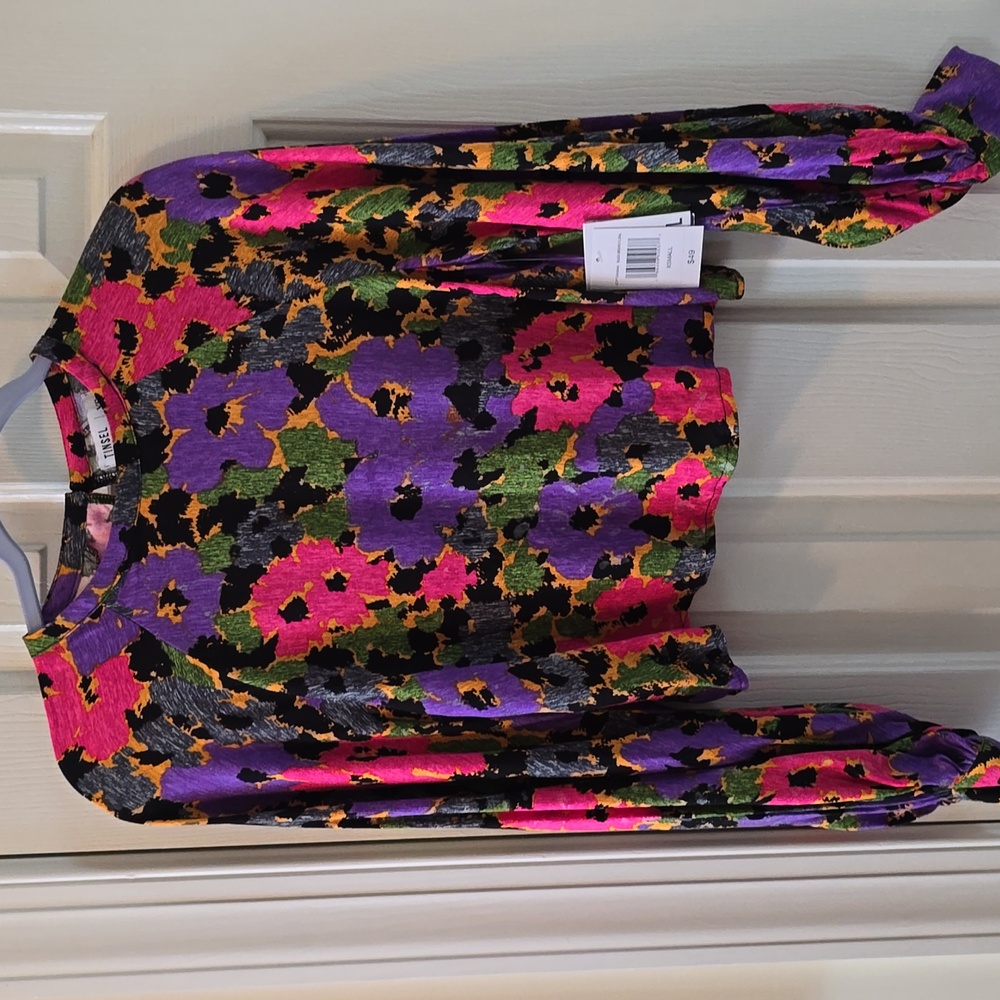 TINSEL BRAND WOMEN'S JUNIOR BLACK & PURPLE FLORAL LONG SLEEVE CROP TOP SIZE XS